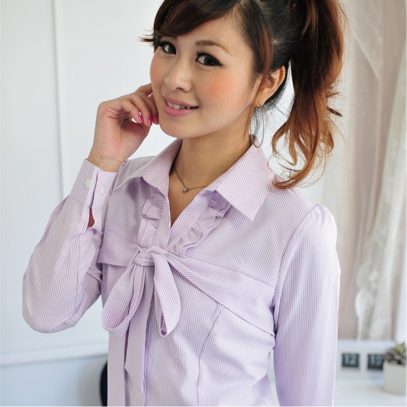 雅-粉紫色條紋胸口綁帶女襯衫（短袖/長袖/七分袖）