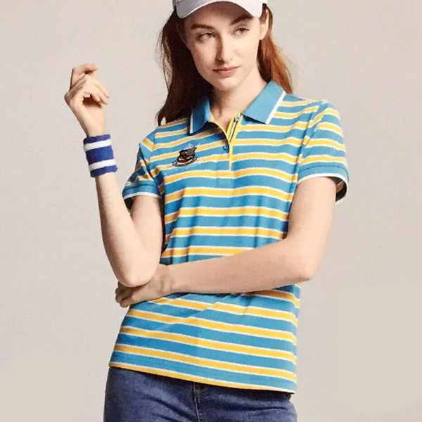 正-棉質短袖POLO衫（彩藍/黃條紋）