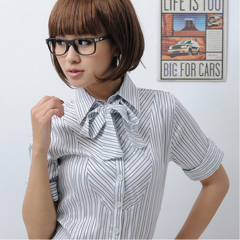 雅-黑色亮光紗條紋女襯衫 (長袖/短袖/七分袖)