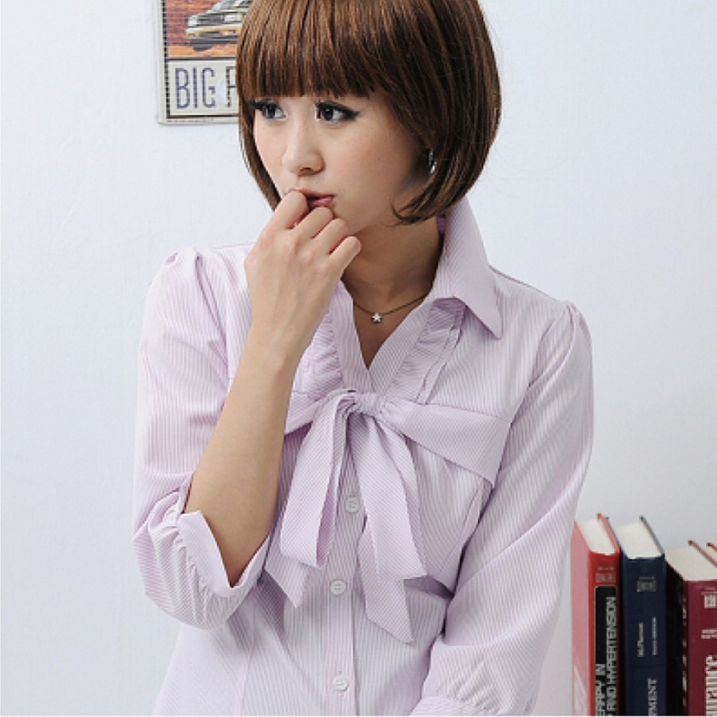 雅-粉紫色條紋胸口綁帶女襯衫（短袖/長袖/七分袖）