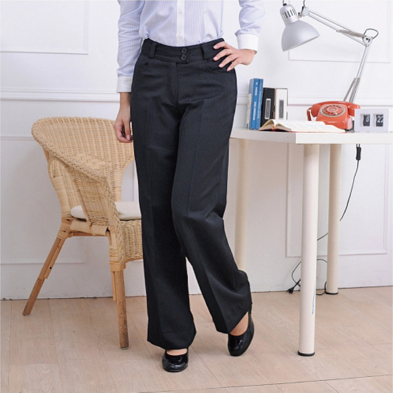 雅-竹炭條紋女雙釦喇叭褲